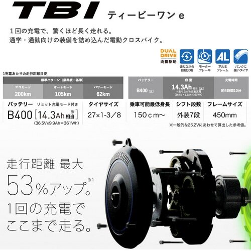BRIDGESTONE / ANCHOR ( ブリヂストン / アンカー ) 電動アシスト自転車(e-bike) TB1-E ( ティービーワン1-E ) E.Xブラック 450 ( 適正身長150cm〜 )