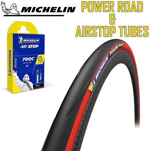 MICHELIN ( ミシュラン ) クリンチャー & チューブ 2本セット POWER ROAD / AIRSTOP ( パワー ロード / エアストップ ) レッド 700X25C 仏式バルブ52mm 