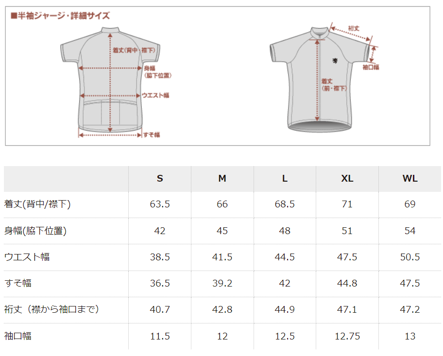 カペルミュール半袖サイズ表